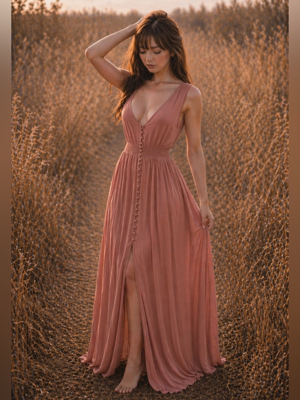 Seconds before Sunset Flowy terracotta button front beach coverup maxi dress
